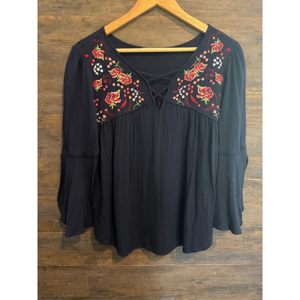 Miss Me Navy Blue Floral Embroidered Bell Sleeve Blouse MMYT26E Small